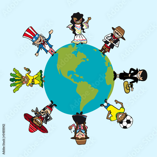 Diversity people cartoons over world map