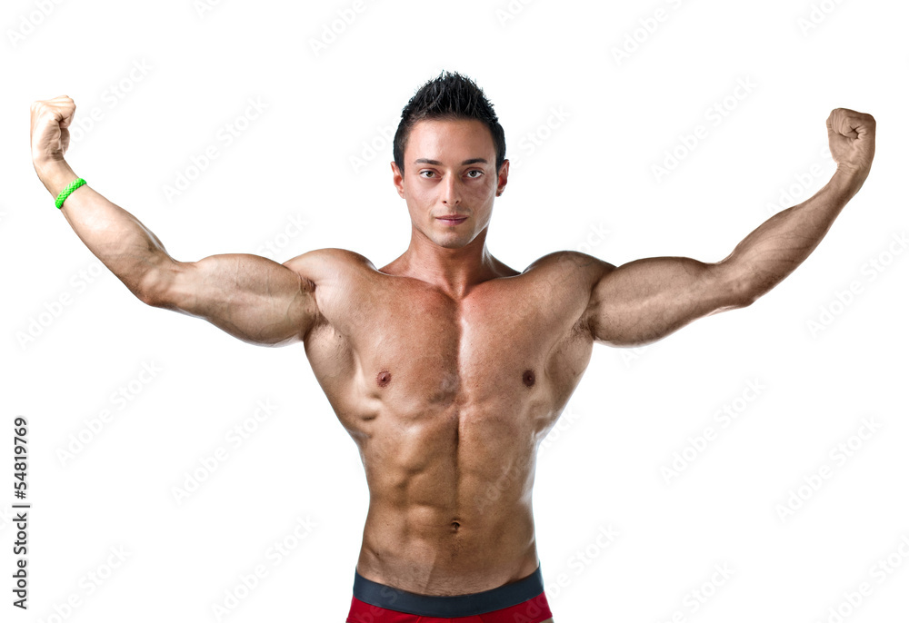 Handsome young bodybuilder with arms spread open Handsome young bodybuilder with arms spread open
