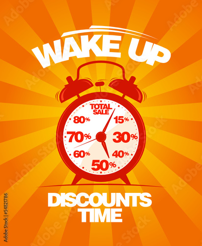 Wake up, discounts time. Sale design template with alarm clock