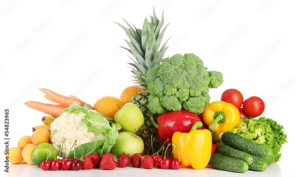 Assortment of fresh fruits and vegetables, isolated on white Assortment of fresh fruits and vegetables, isolated on white