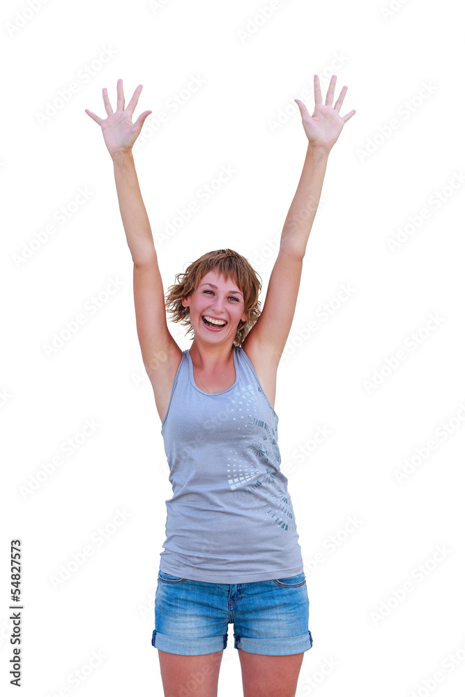 Young happy woman with hands up, isolated on white Young happy woman with hands up, isolated on white