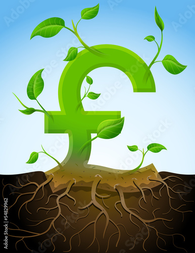Growing pound sterling symbol like plant with leaves and roots
