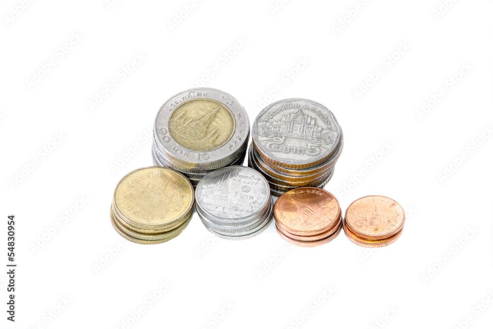 Thailand paper currency and coins isolated over white Thailand paper currency and coins isolated over white