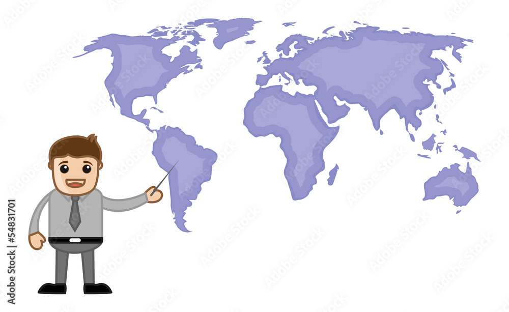 Pointing World Map - Business Office Cartoon Character Pointing World Map - Business Office Cartoon Character