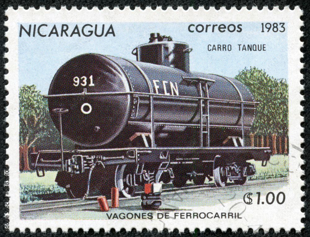 Naklejka premium stamp printed in Nicaragua shows Railroad locomotives