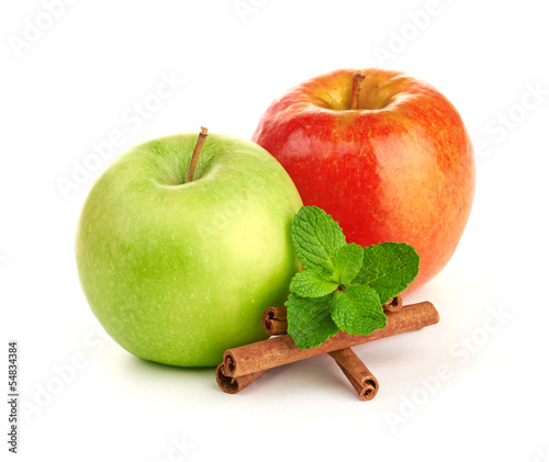 Red and green apples and mint, cinnamon sticks