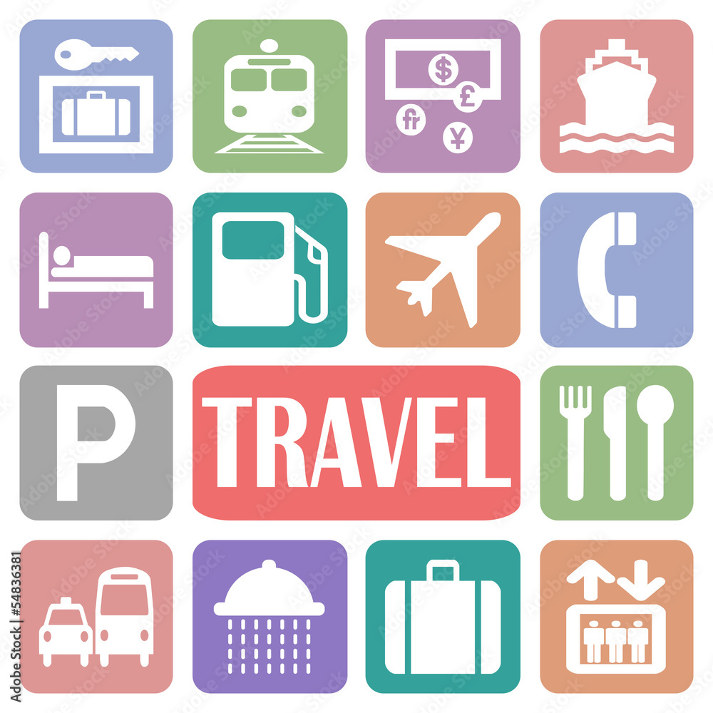 Wallpaper with travel icons in colorful rectangles Wallpaper with travel icons in colorful rectangles