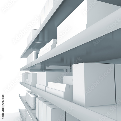 Market shelves with blank products in perspective. 3d image