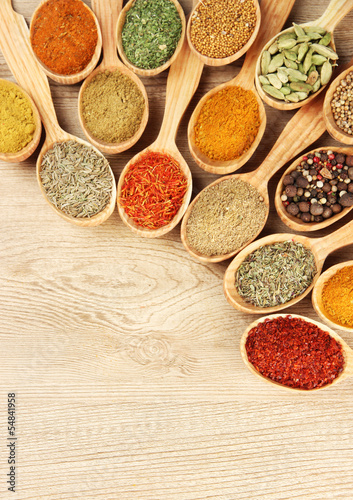 Assortment of spices in wooden spoons on wooden background