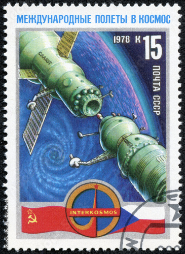 Stamp shows cooperation USSR and Czechoslovakia into space photo