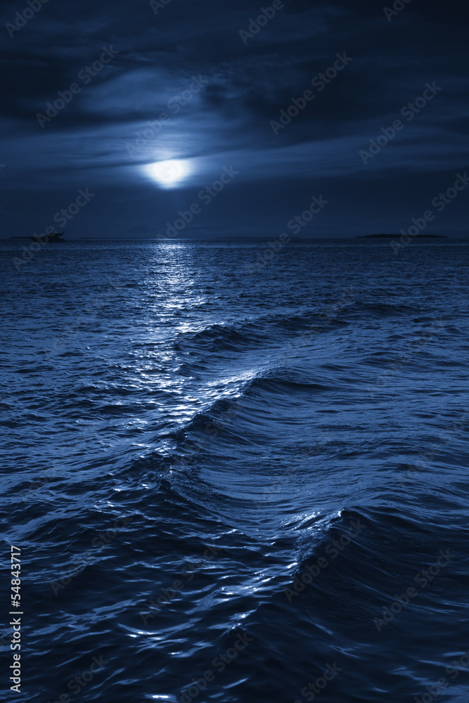 Fototapeta premium Beautiful Midnight Ocean View With Moonrise And Calm Waves