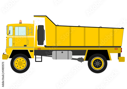 Tipper truck. Yellow dump truck in simple retro cartoon style.