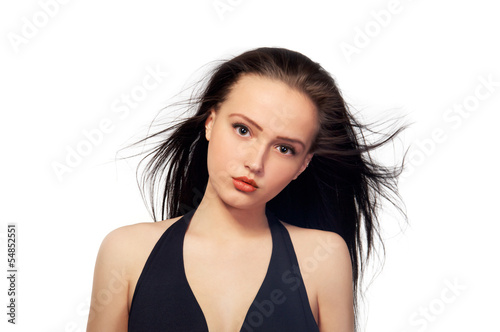 Pretty Long Haired Brunette Serious Girl White Background