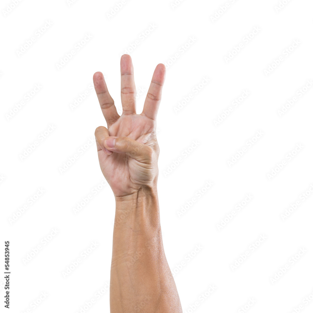 Man hand with three figure isolated on white background Man hand with three figure isolated on white background