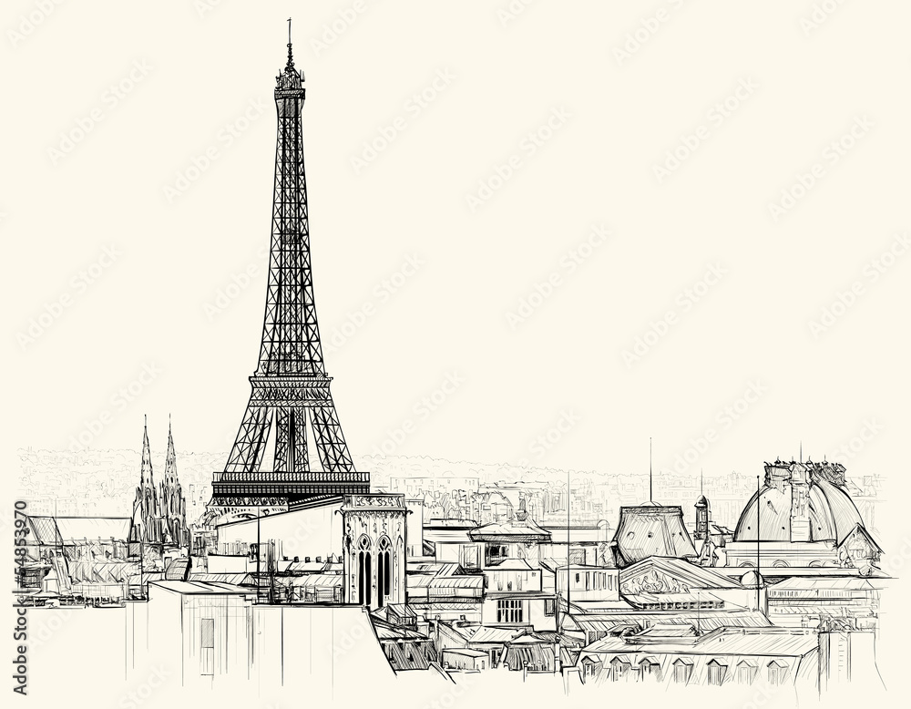 Naklejka premium Wieża Eiffla nad dachami Paryża