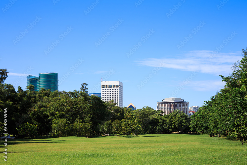 Bangkok cityscape from a park with blue sky