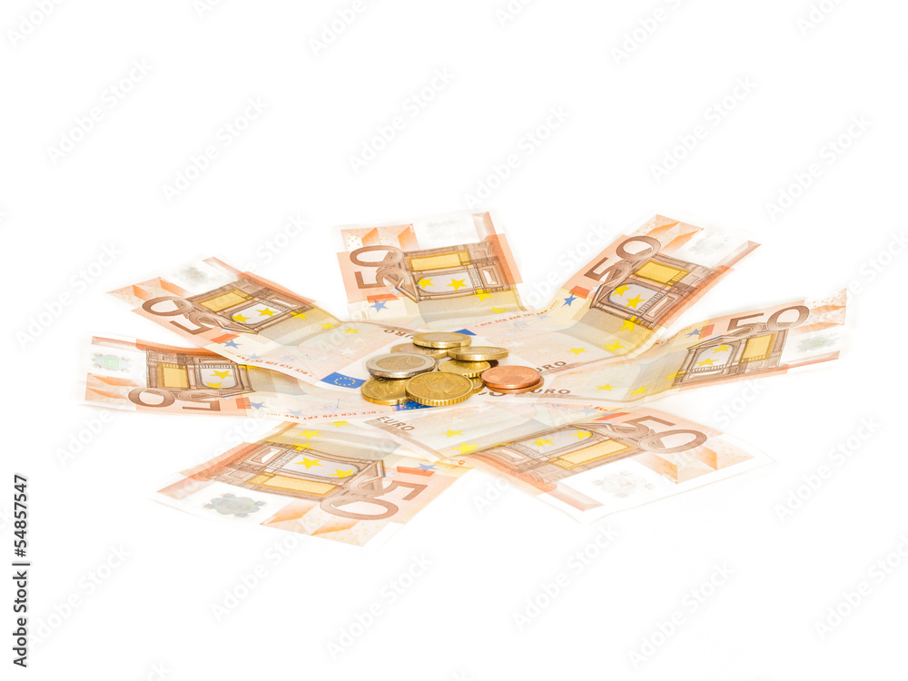 Euro coins over euro bills Euro coins over euro bills
