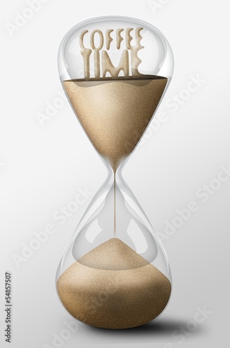 Hourglass with Coffee Time made of sand. Concept of rest