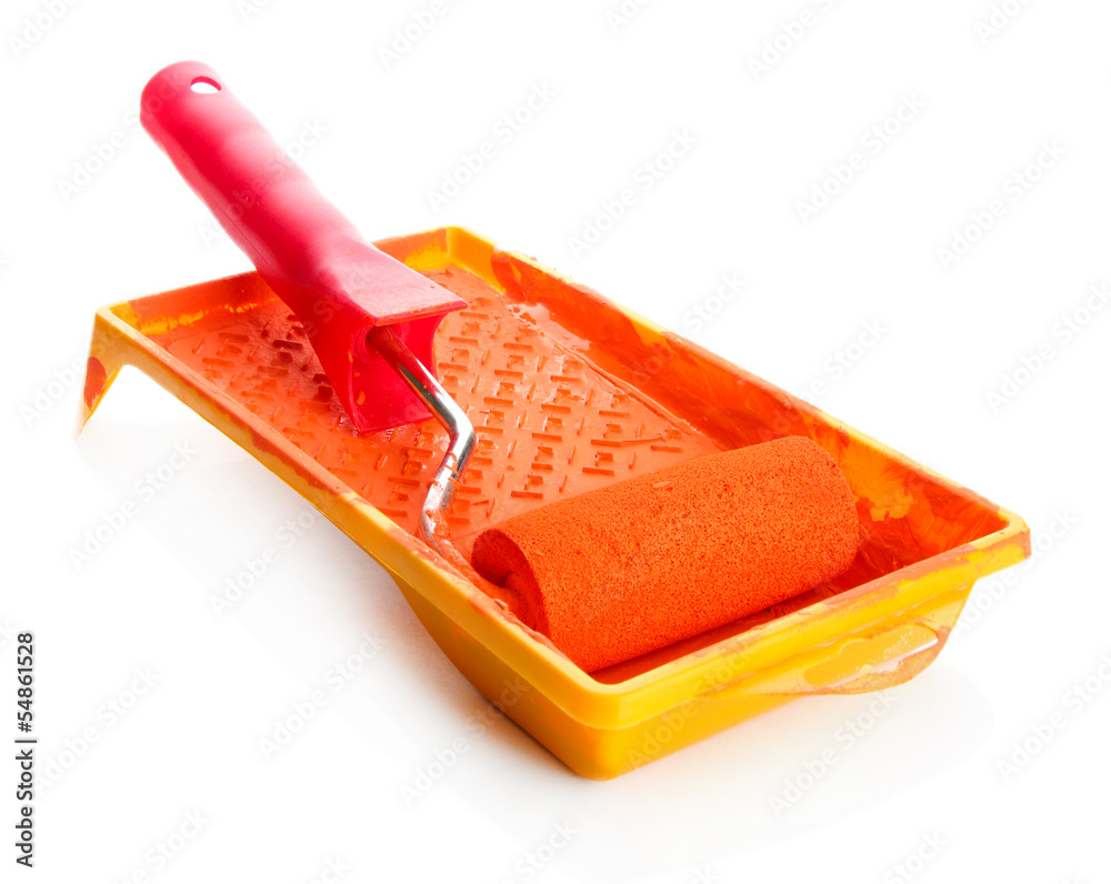 roller in tray with orange paint isolated on white roller in tray with orange paint isolated on white