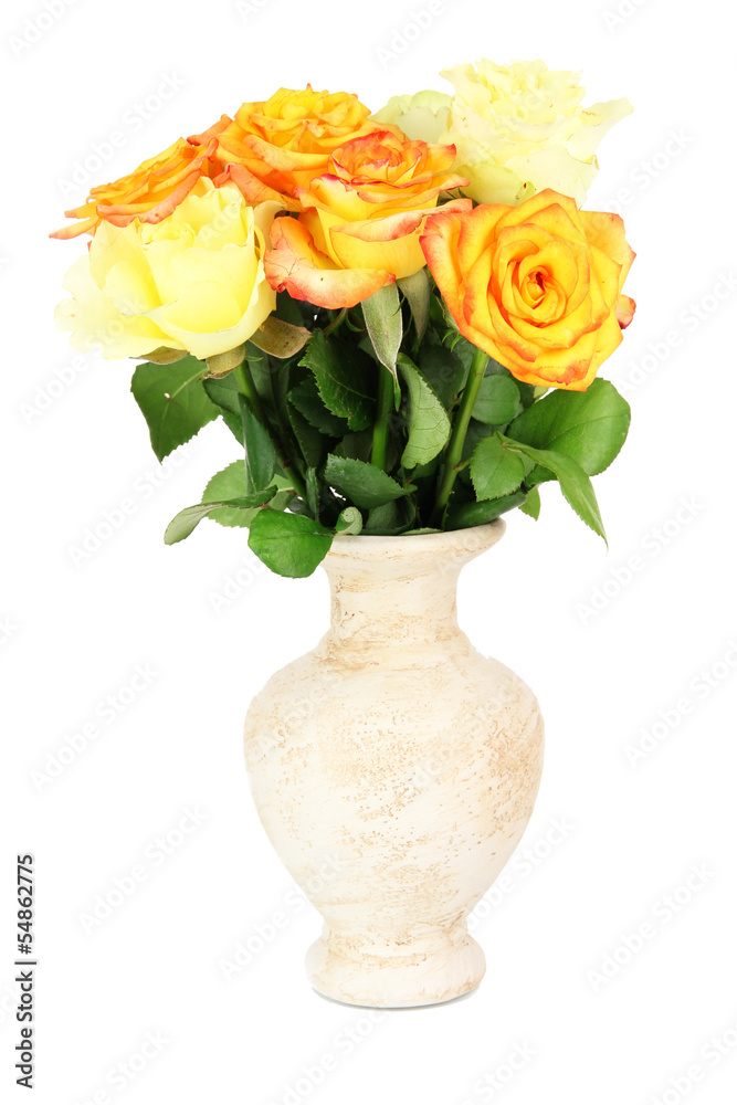 Beautiful bouquet of roses in vase isolated on white Beautiful bouquet of roses in vase isolated on white
