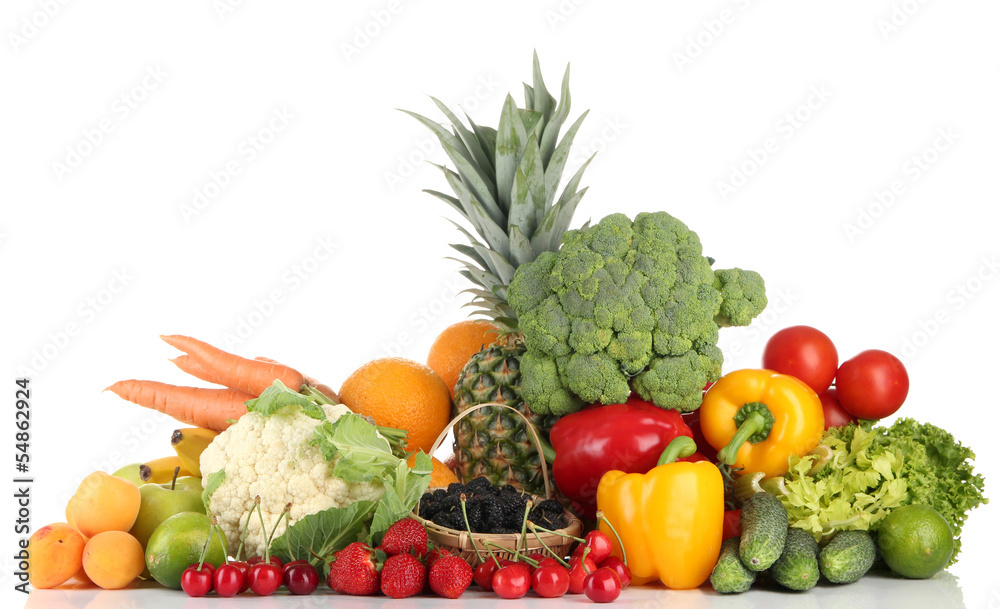 Assortment of fresh fruits and vegetables, isolated on white Assortment of fresh fruits and vegetables, isolated on white