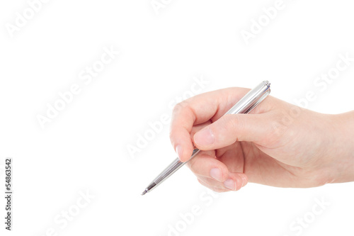 Caucasian hand with silver coloured pen