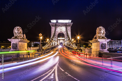 Night view of the famous Chain Bridge in Budapest, Hungary. The