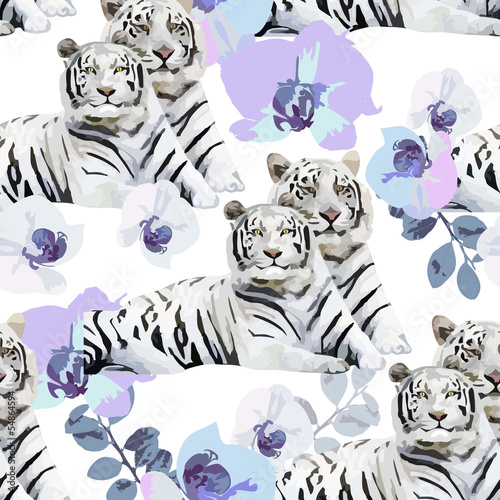 Fototapeta Naklejka Na Ścianę i Meble -  a pair of white tigers and flowers