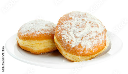 Tasty donuts on plate, isolated on white