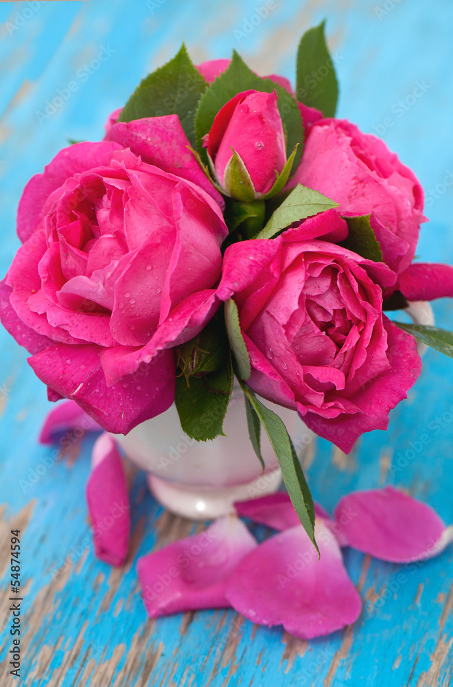 pink roses on blue wooden surface