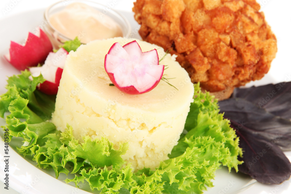 Chicken Kiev on croutons with mashed potatoes, isolated on Chicken Kiev on croutons with mashed potatoes, isolated on