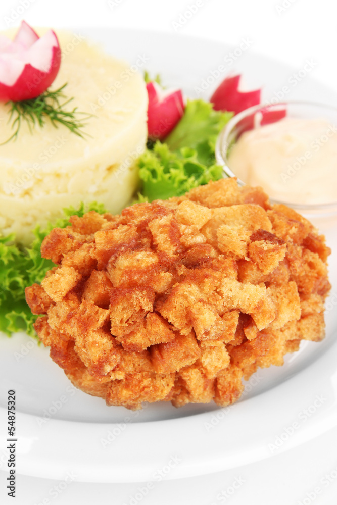 Chicken Kiev on croutons with mashed potatoes, isolated on Chicken Kiev on croutons with mashed potatoes, isolated on