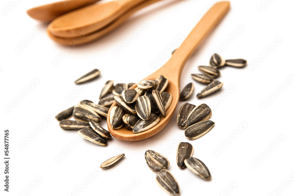 Sunflower seed on wood spoon Sunflower seed on wood spoon