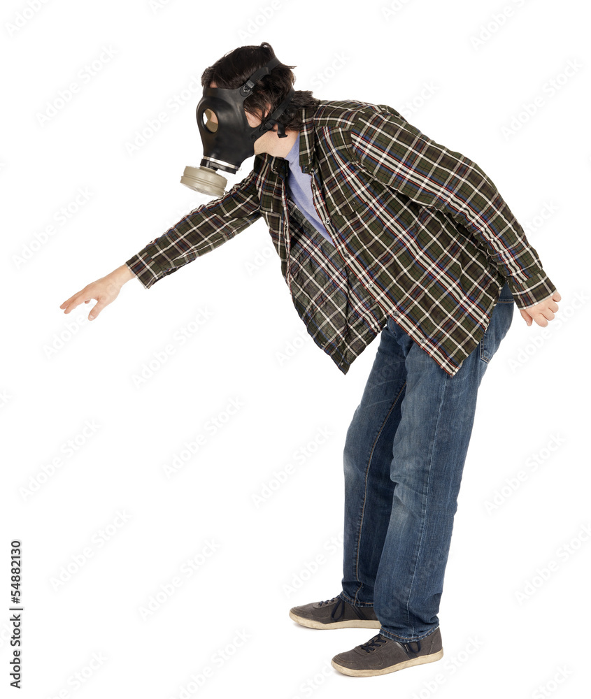 Naklejka premium Isolated Man Wearing Gas Mask and Reaching