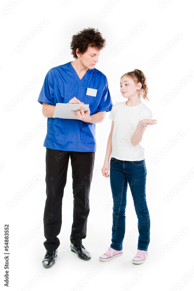 child to the doctor in blue robe child to the doctor in blue robe