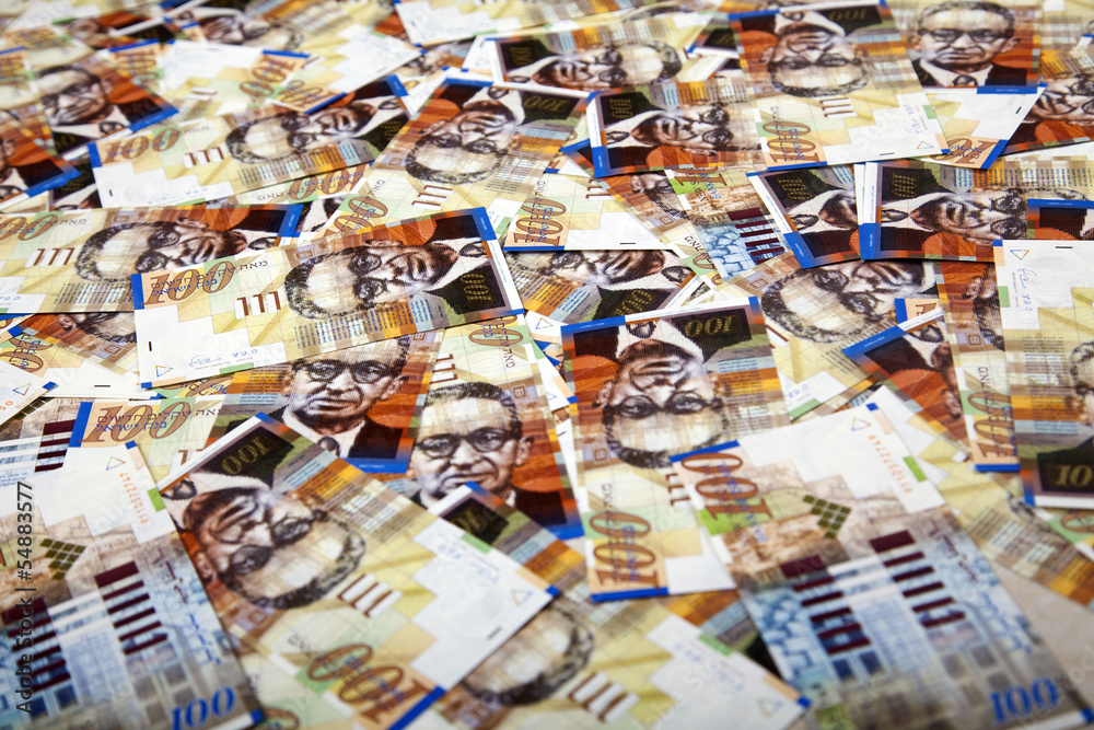 One Hundred Shekels Bills Messy Background One Hundred Shekels Bills Messy Background