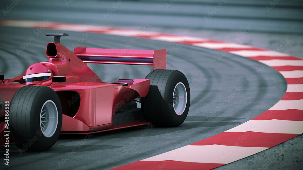 F1 red bolide in slow motion. Beautiful 3d animation.