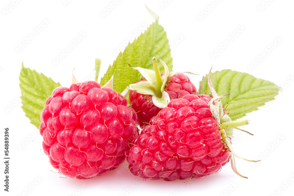 Ripe raspberries with leaves