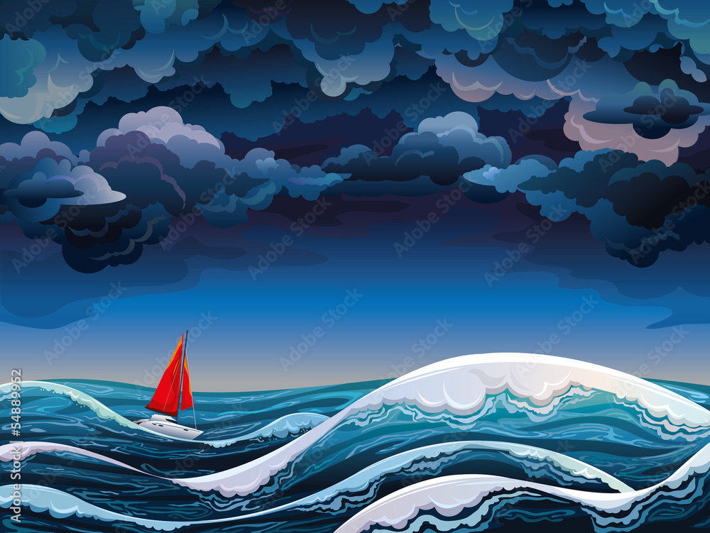 Naklejka premium Red sailboat and stormy sky
