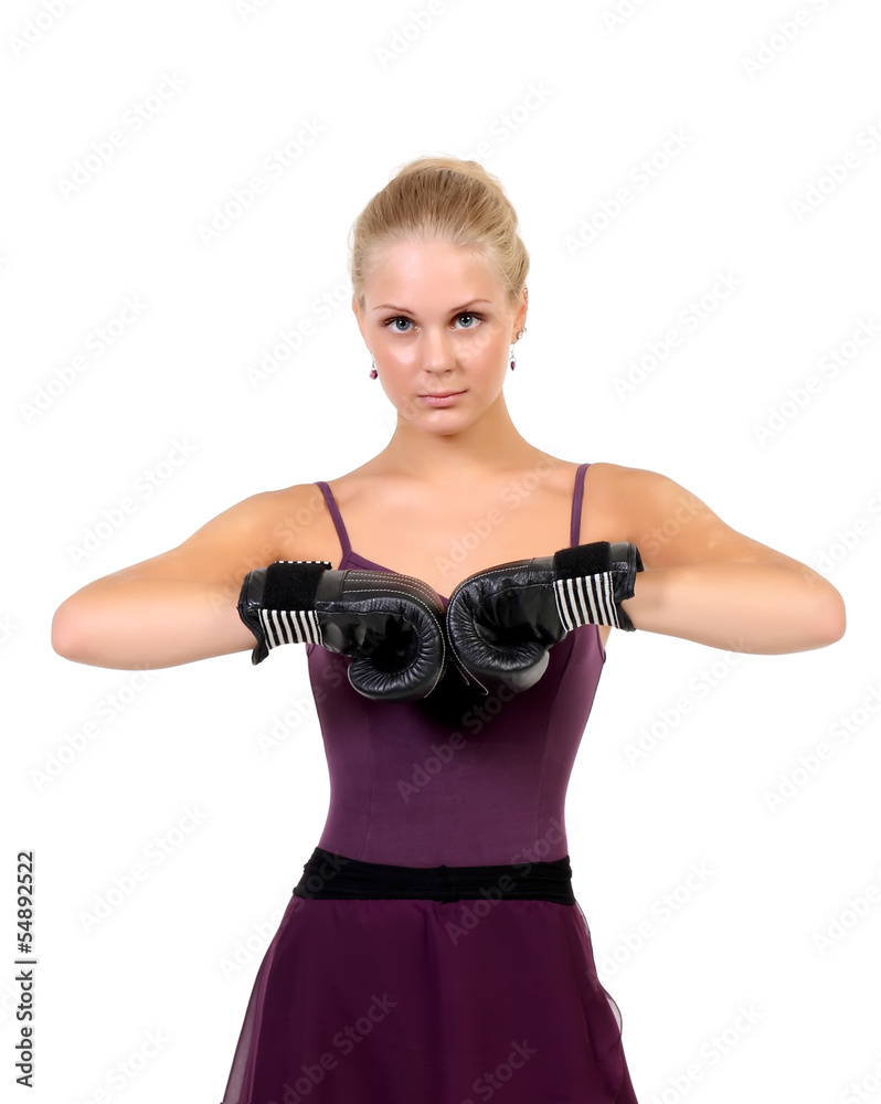 Young blonde ballerina in boxing gloves Young blonde ballerina in boxing gloves