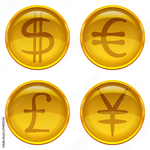 Buttons with currency signs, set