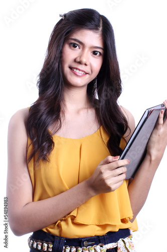 Asian woman holding Tablet.