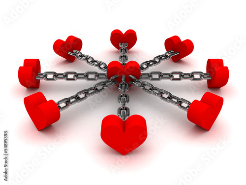 Eight hearts linked by black chain to one heart in center.