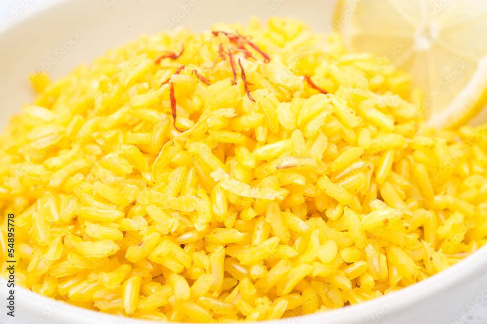 rice with lemon and saffron, close-up, selective focus rice with lemon and saffron, close-up, selective focus
