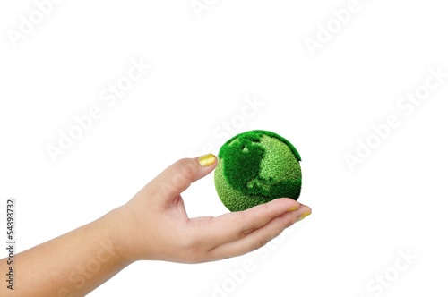 Globe on her hand isolated