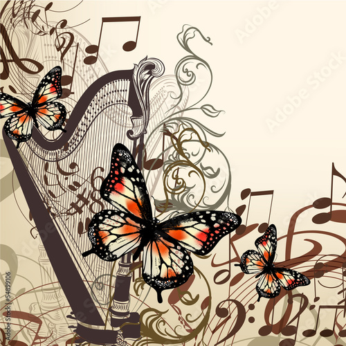 vector background with harp, notes and butterflies