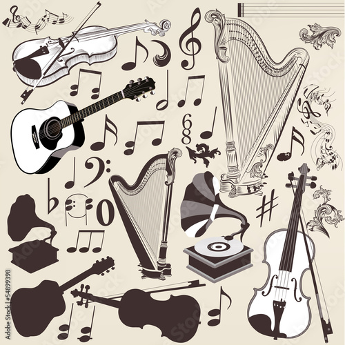 Vector set of detailed musical instruments for design