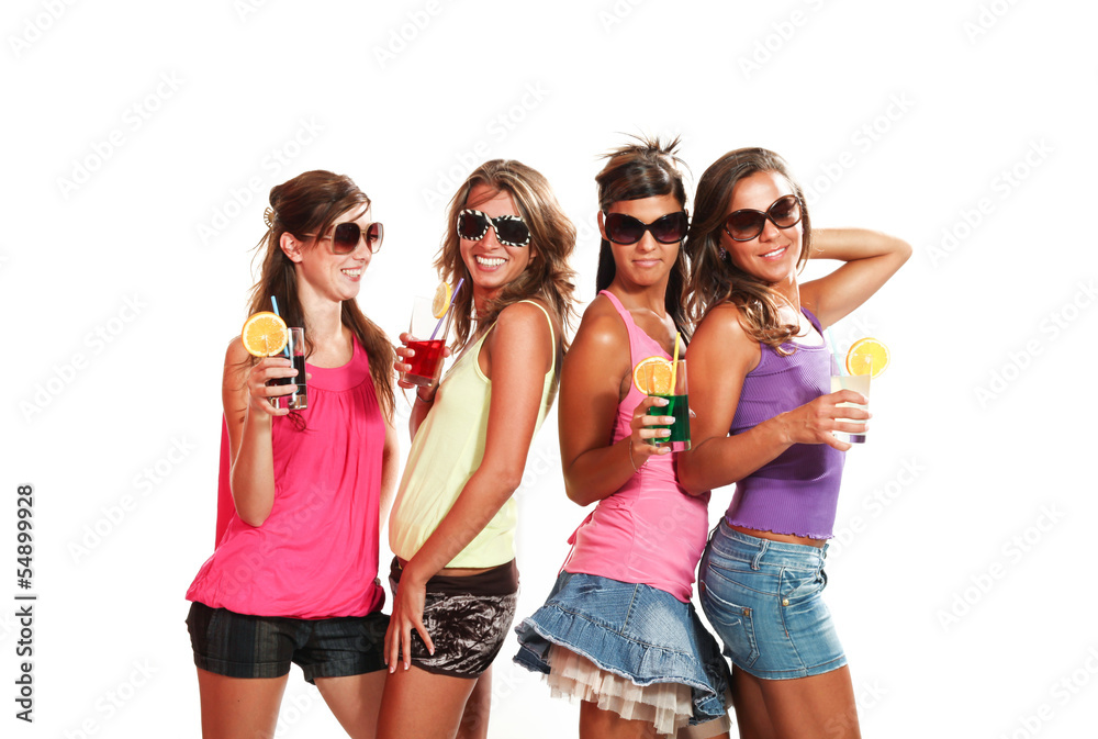 four girls fun with a drink, portrait in studio, four girls fun with a drink, portrait in studio,
