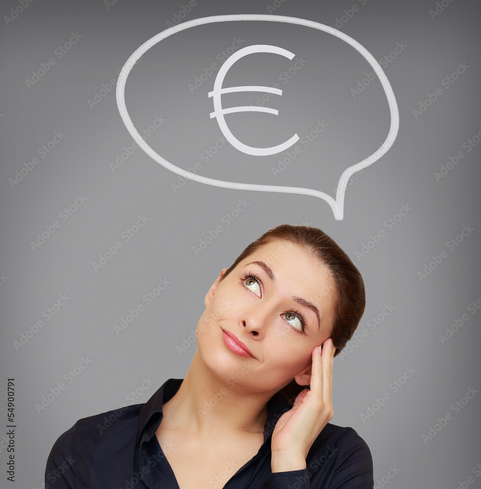 Business woman thinking about euro currency on grey background Business woman thinking about euro currency on grey background