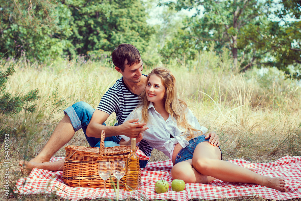 young couple have a rest on picnic, holding hands young couple have a rest on picnic, holding hands